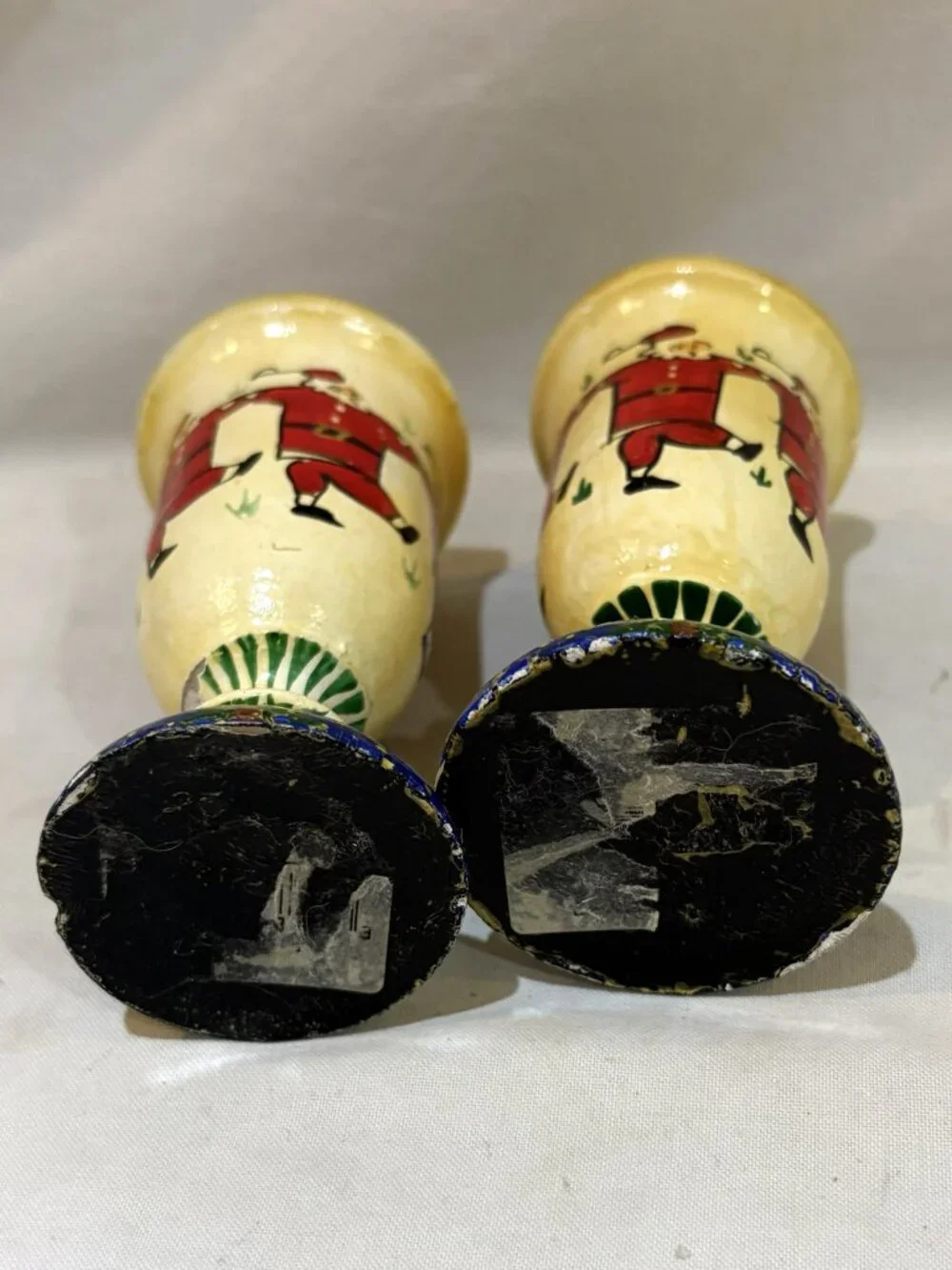 Pair Lacquered Wood Candlestick Holder Brass Insert Hand Painted Dancing Santas